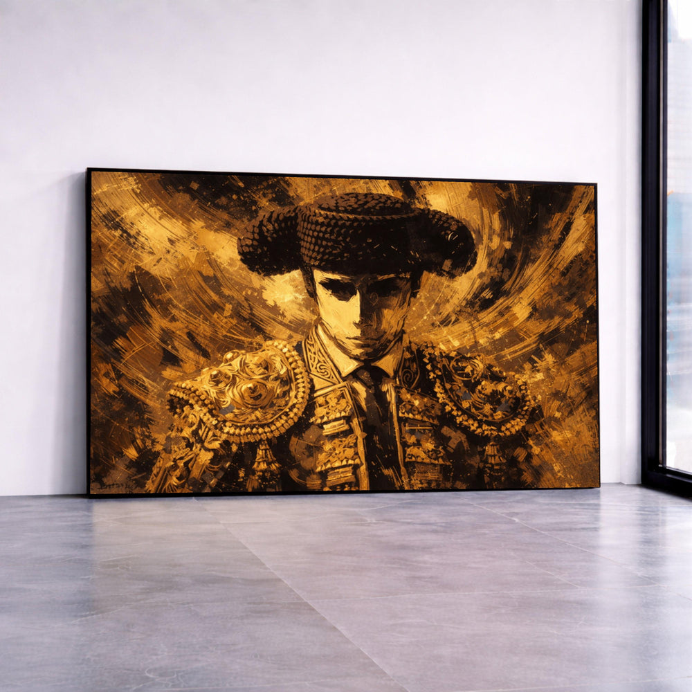 Bullfighter Portrait Canvas Wall Art, Spanish Matador Painting, Rustic Gold and Black Art, Cultural Canvas Decor, Bold Canvas Print Art