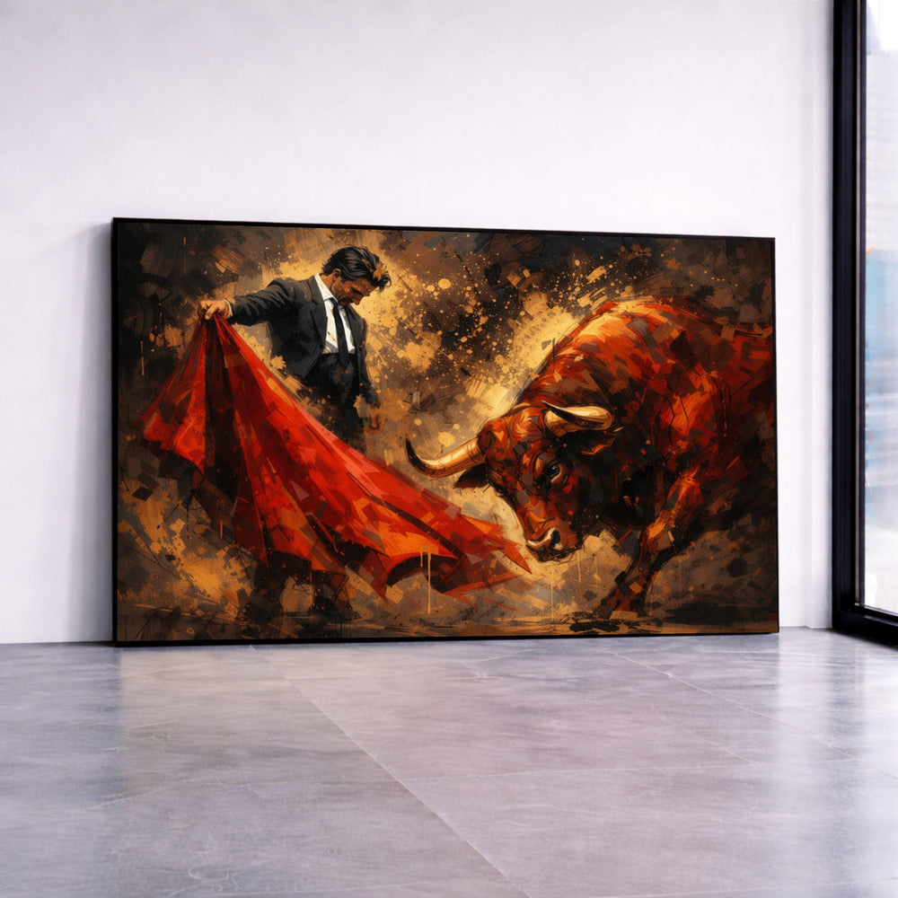 Dramatic Bullfight Scene Canvas, Matador and Red Cape Artwork, Abstract Spanish Bullfighting Wall Art, Bold Home Decor Canvas Print Art