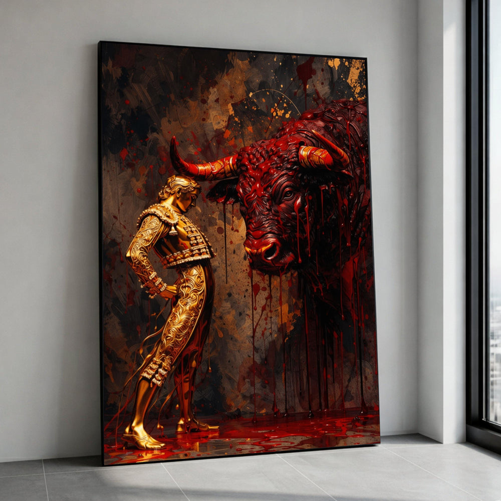 Bullfighter and Fierce Bull Canvas Wall Art, Dramatic Matador Portrait, Spanish Bullfighting Scene, Bold Red and Gold Home Canvas Print Art