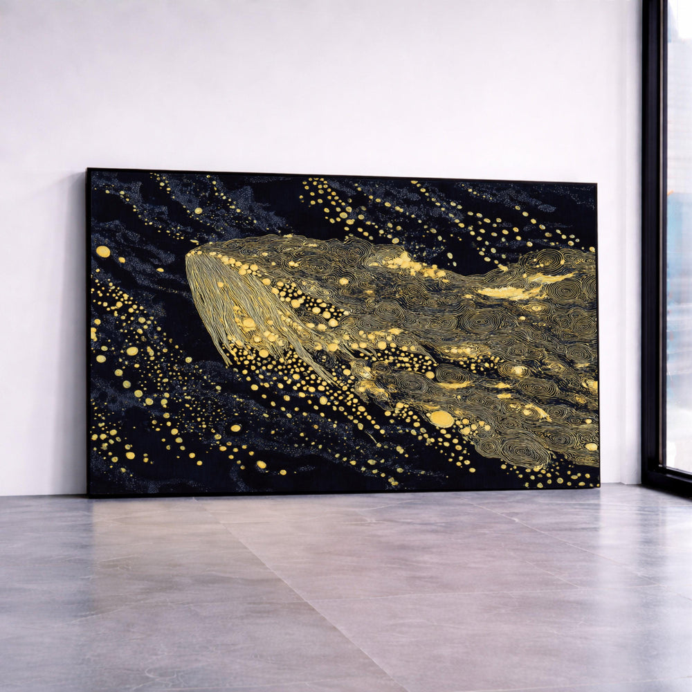 Golden Abstract Whale Canvas, Modern Marine Wall Art, Ocean Animal Canvas, Galaxy Decor, Artistic Whale Illustration Canvas Print Art