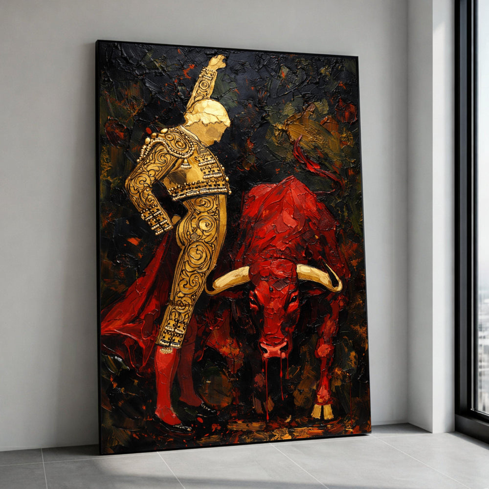 Bold Matador and Red Bull Canvas, Spanish Bullfighting Art, Abstract Expressionism Wall Art, Dramatic Home Decor Canvas, Canvas Print Art