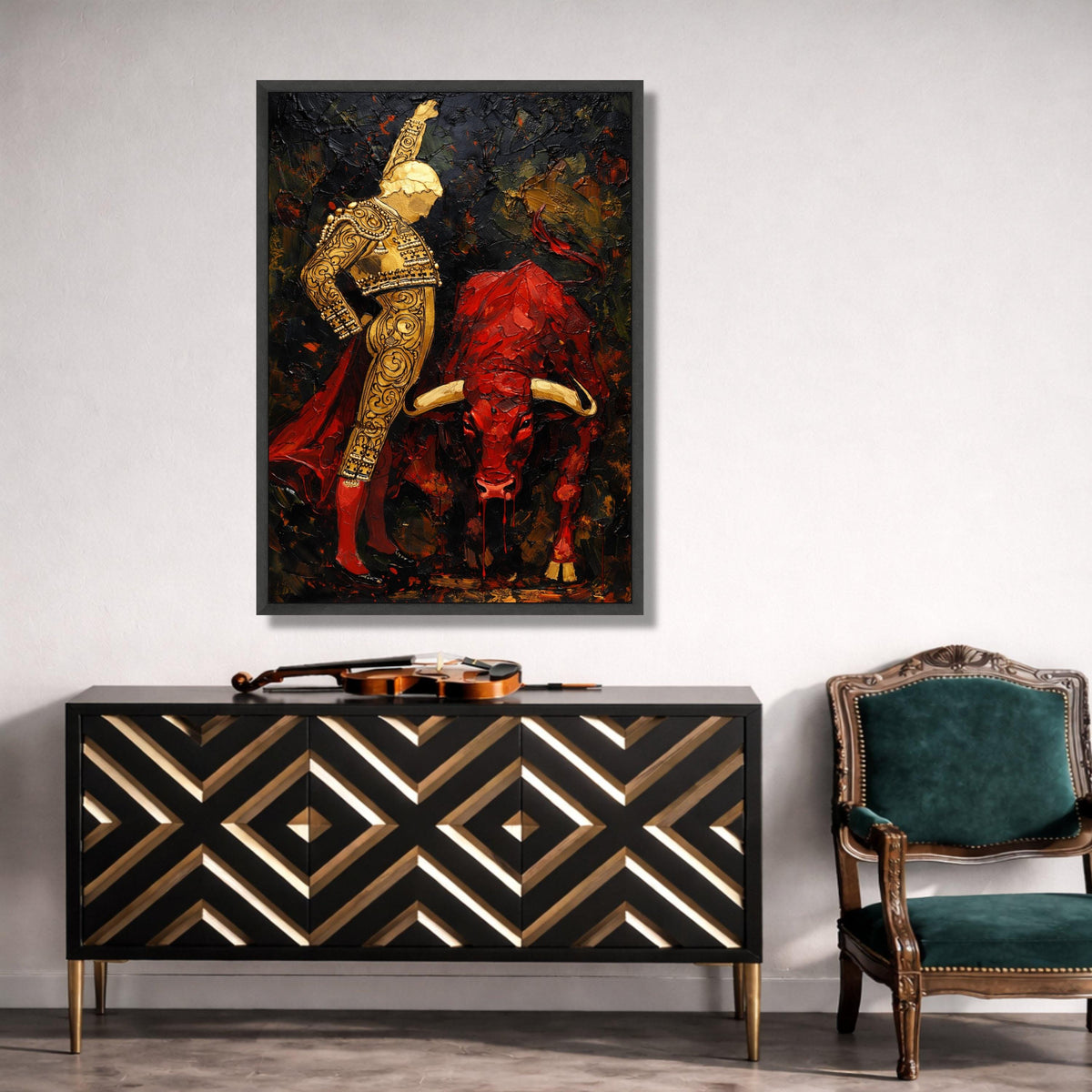 Bold Matador and Red Bull Canvas, Spanish Bullfighting Art, Abstract Expressionism Wall Art, Dramatic Home Decor Canvas, Canvas Print Art
