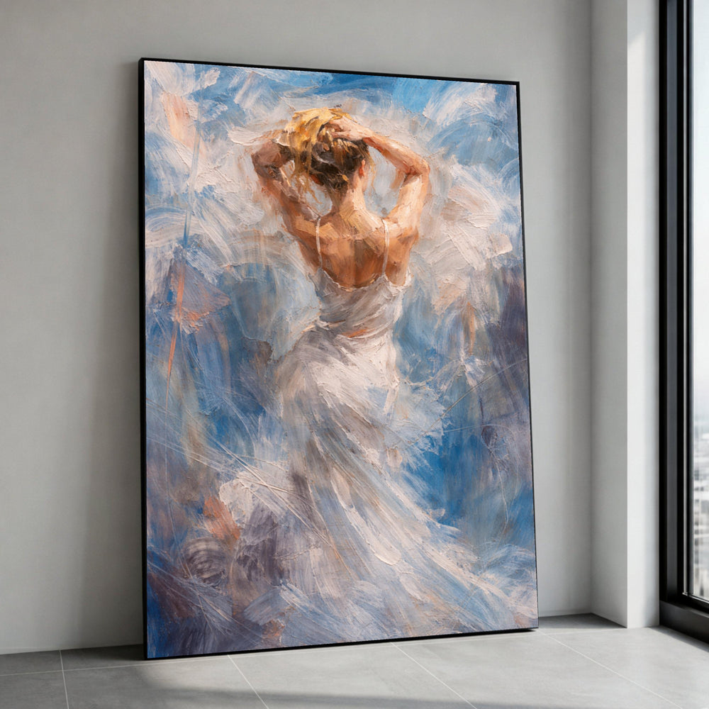 Graceful Woman in White Dress Canvas, Abstract Female Figure Wall Art, Impressionist Style Painting, Elegant Home Decor Canvas Print Art