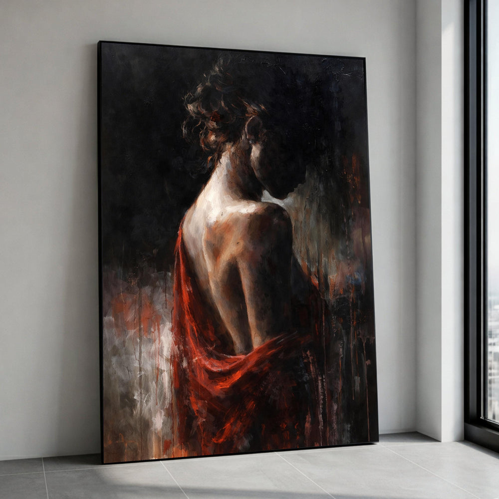 Moody Female Portrait Canvas, Dark Background Wall Art, Sensual Woman with Red Drapery, Atmospheric Figure Painting, Canvas Print Art