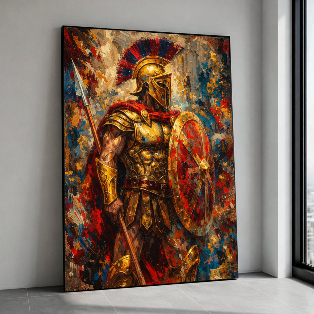 Roman Warrior Canvas Wall Art, Gladiator Shield and Spear, Ancient Armor Painting, Historical Battle Scene, Bold Home Canvas Print Art