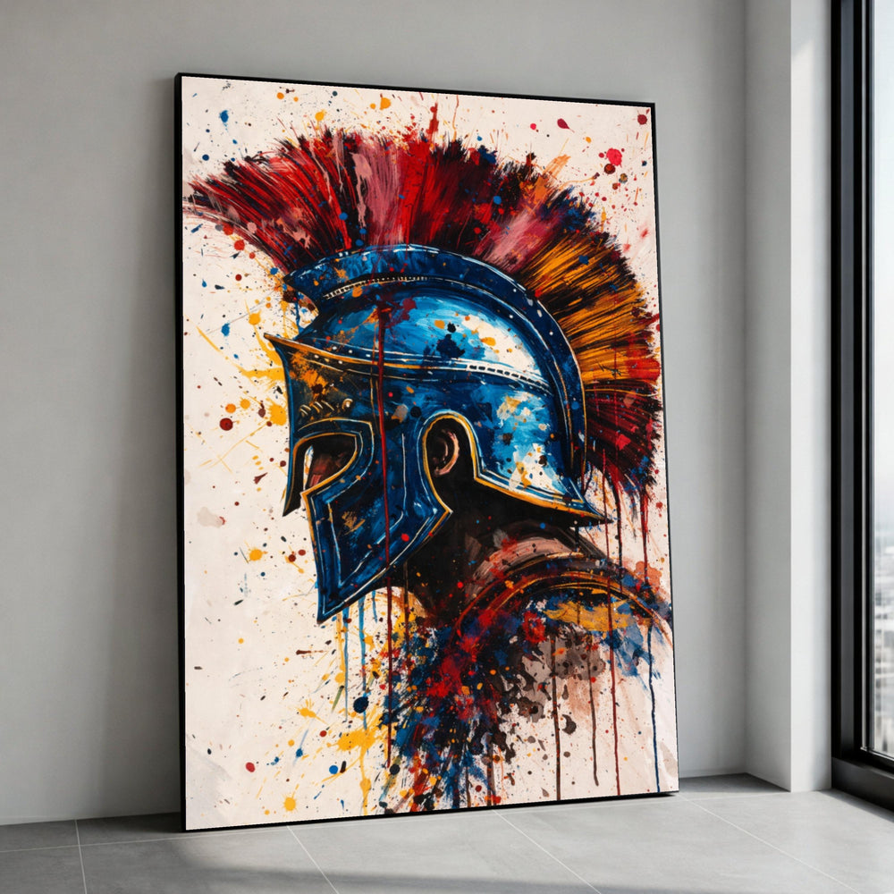 Vibrant Spartan Warrior Helmet Canvas Wall Art, Abstract Ancient Armor Painting, Colorful Historic Battle Deco, Ready to Canvas Print Art