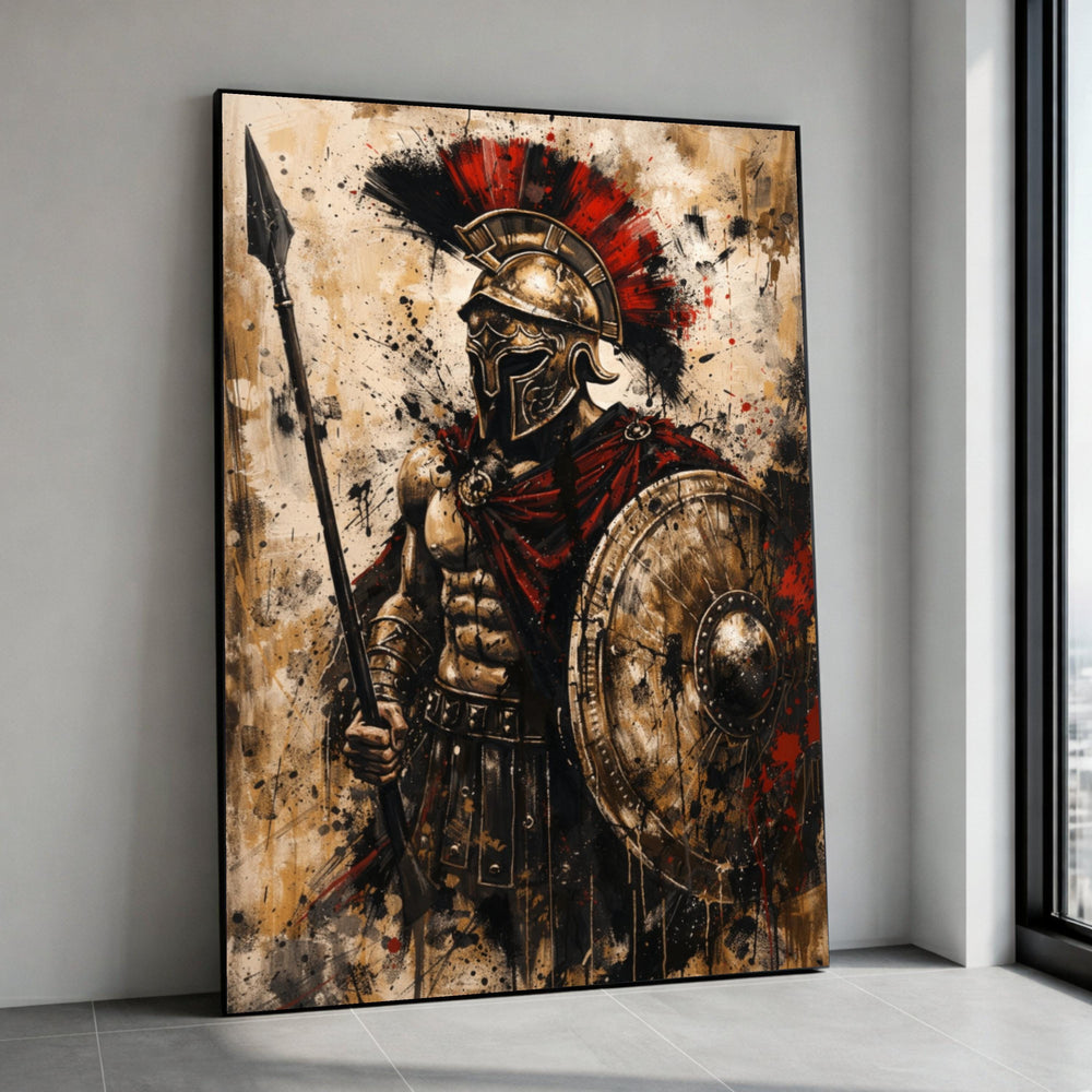 Spartan Warrior Canvas Wall Art, Ancient Soldier Painting, Greek Gladiator Decor, Red and Gold Armor Artwork, Historical Canvas Print Art