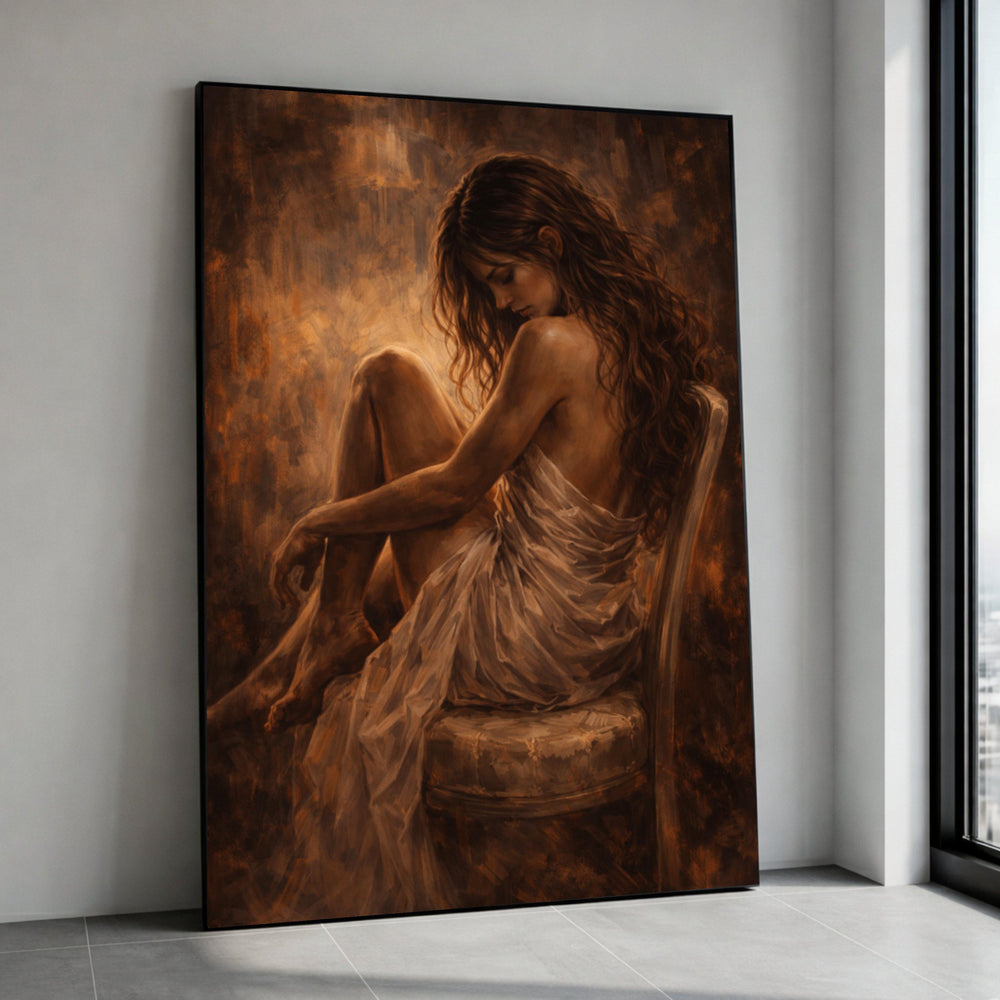Melancholic Woman Seated, Soft Draped Fabric Canvas, Introspective Portrait Wall Art, Warm Sepia Tones, Elegant Female Canvas Print Art