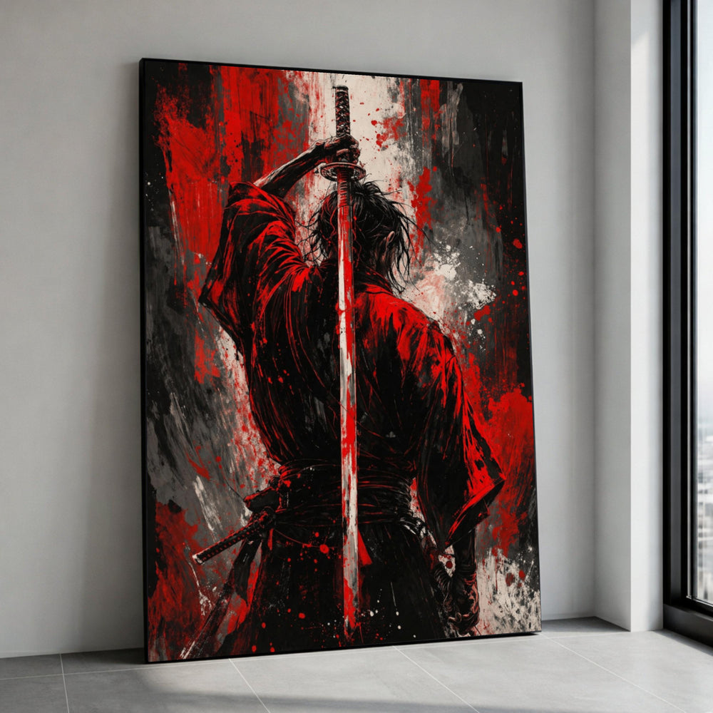 Samurai Warrior with Katana Sword Canvas, Red and Black Abstract Art, Japanese Fighter Wall Art, Bold Home Decoration, Canvas Print Art