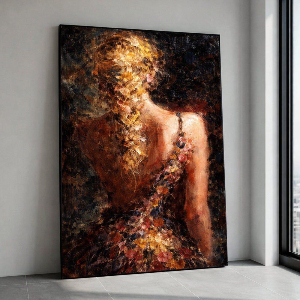 Elegant Blonde Woman Back View, Floral Dress Canvas, Impressionist Portrait Art, Painting Canvas, Romantic Wall Decor Canvas Print Art