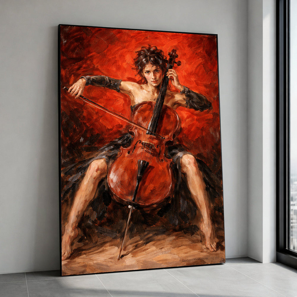 Passionate Cellist Painting, Expressive Music Canvas Wall Art, Vibrant Red Background, Classical Instrument Artwork, Ready Canvas Print Art