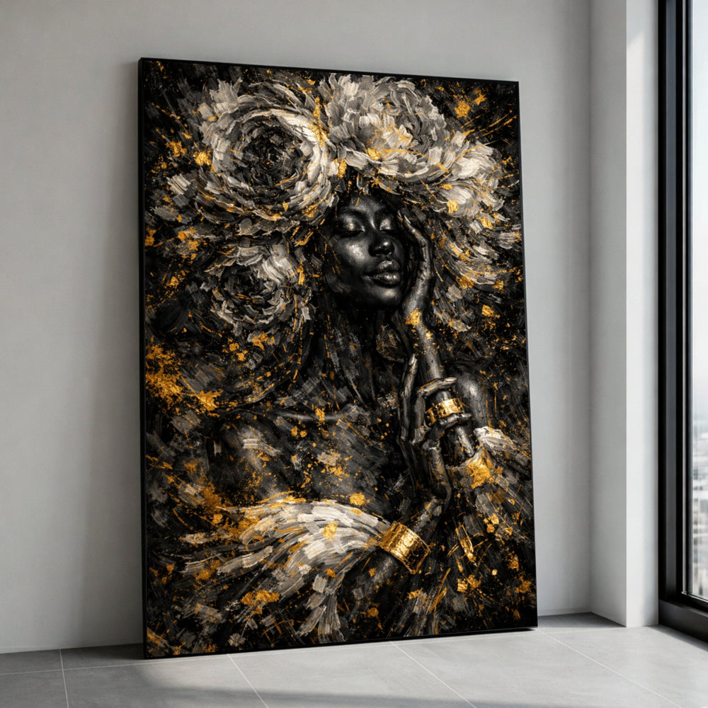 Elegant Black Woman Portrait Canvas, Gold Abstract Art, Feminine Wall Decor, Modern Canvas, Luxury Home Decoration Canvas Print Art