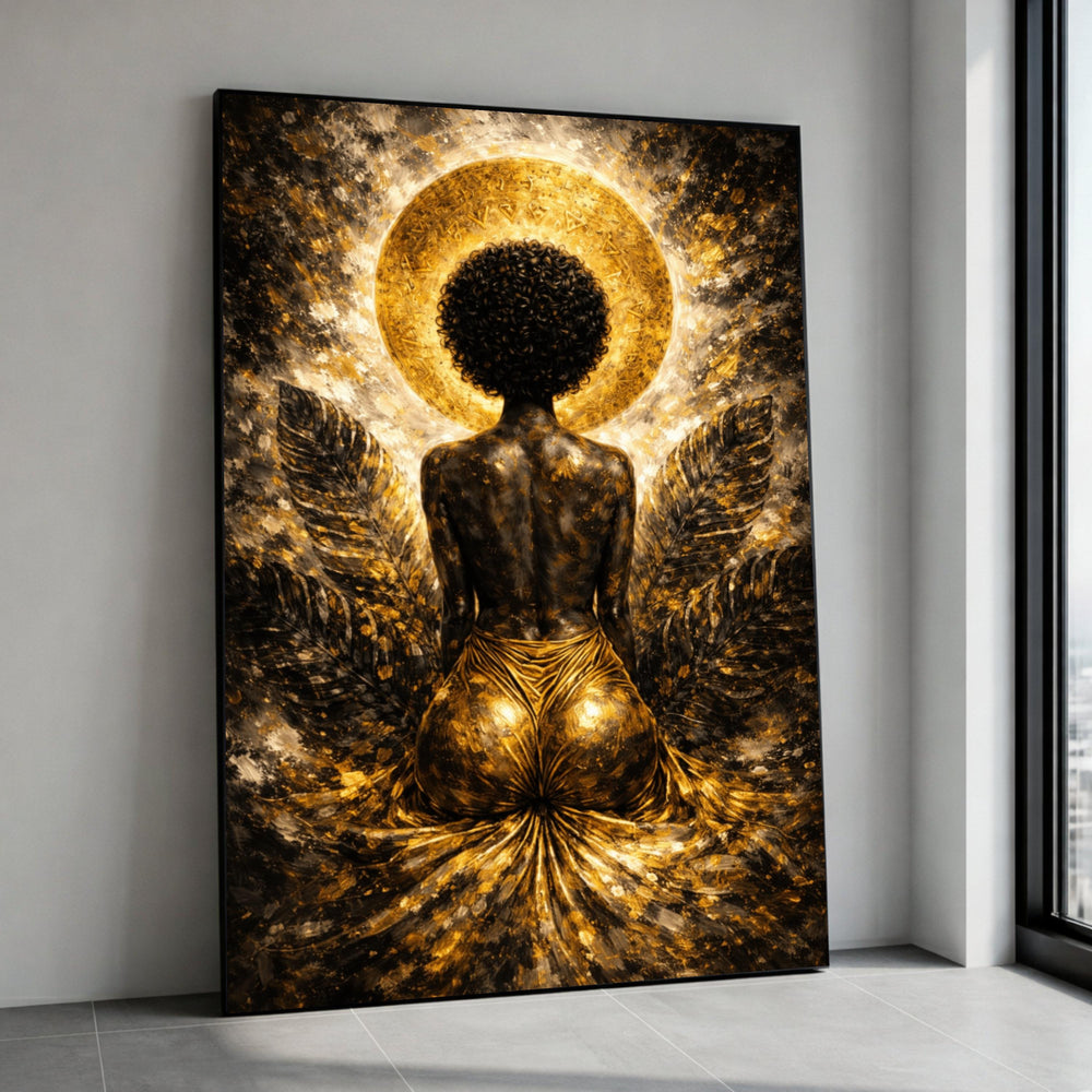 Golden Goddess Back View Canvas, Afro Woman Art, Spiritual Wall Art, Ethereal Halo Painting, Modern African Decor, Premium Canvas Print Art