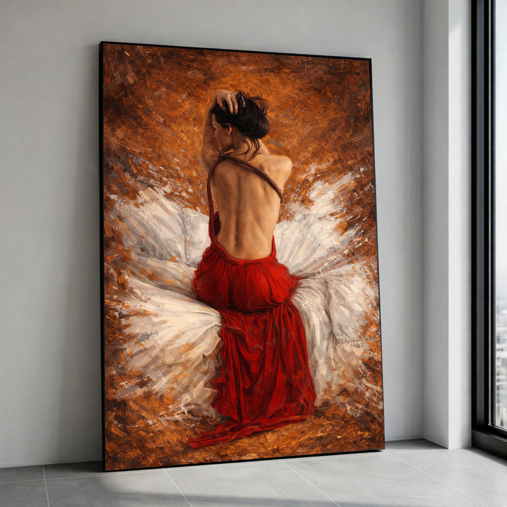 Elegant Ballerina Red Dress Canvas, Back View Dance Art, Contemporary Ballet Wall Decor, Figurative Canvas Wall Art, Home Canvas Print Art
