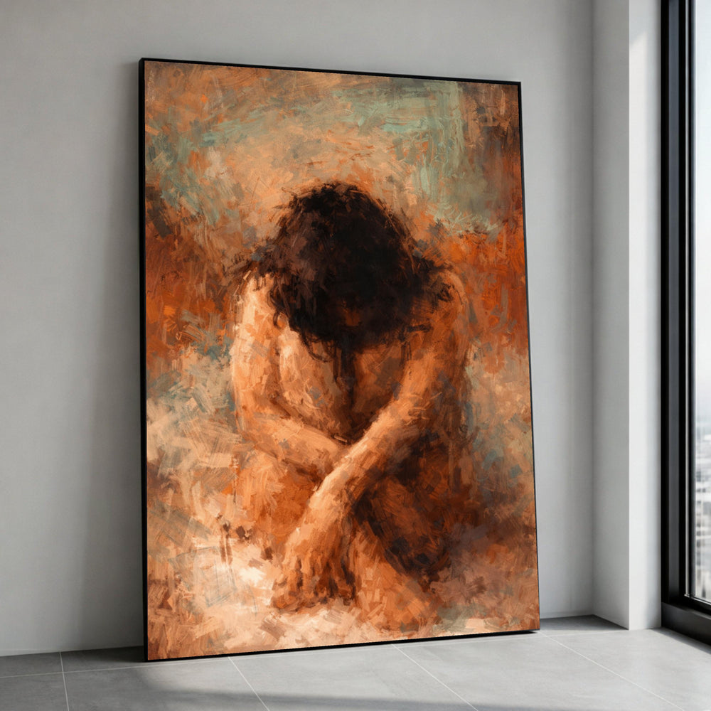 Contemplative Figure Canvas, Abstract Human Form Wall Art, Emotional Expression Painting, Warm Earth Tone Canvas, Modern Canvas Print Art