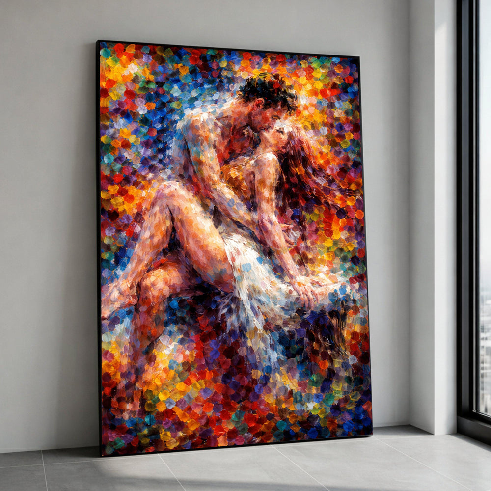 Romantic Couple Embrace Canvas Wall Art, Colorful Abstract Lovers Painting, Passionate Dance Scene Canvas, Intimate Love Canvas Print Art