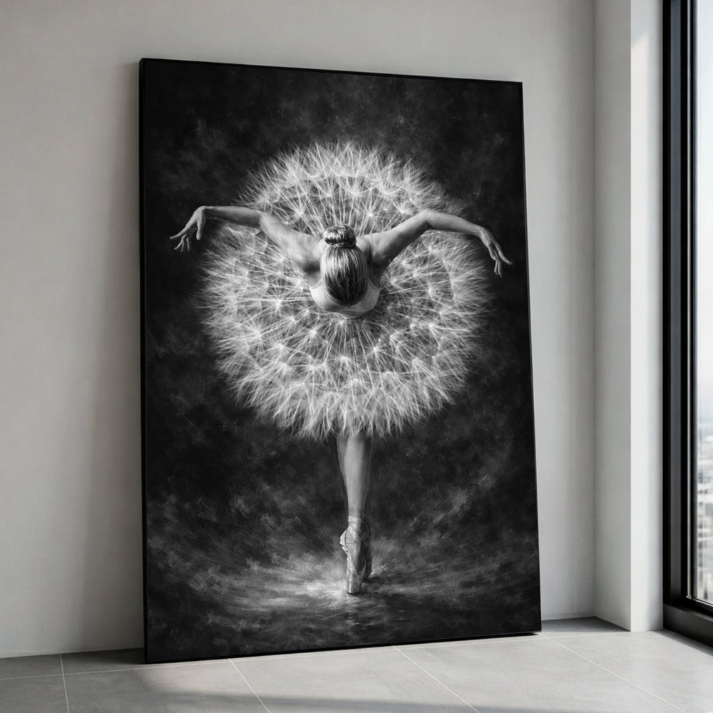 Elegant Ballerina Pose Canvas, Dandelion Skirt Wall Art, Black and White Dance Canvas, Ballet Dancer Silhouette, Artistic Canvas Print Art