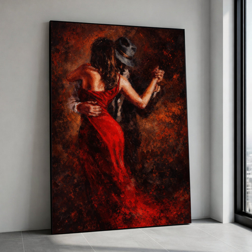 Passionate Tango Dance, Romantic Couple Canvas, Red Dress Wall Art, Intimate Ballroom Scene, Elegant Dance Canvas Canvas Print Art