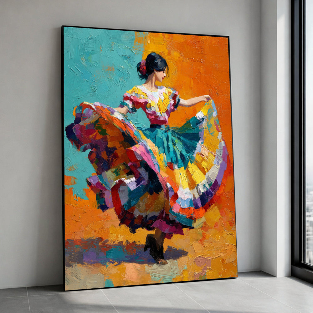 Vibrant Flamenco Dancer Canvas, Colorful Traditional Dress Wall Art, Dynamic Movement Painting, Hispanic Culture Decoration Canvas Print Art
