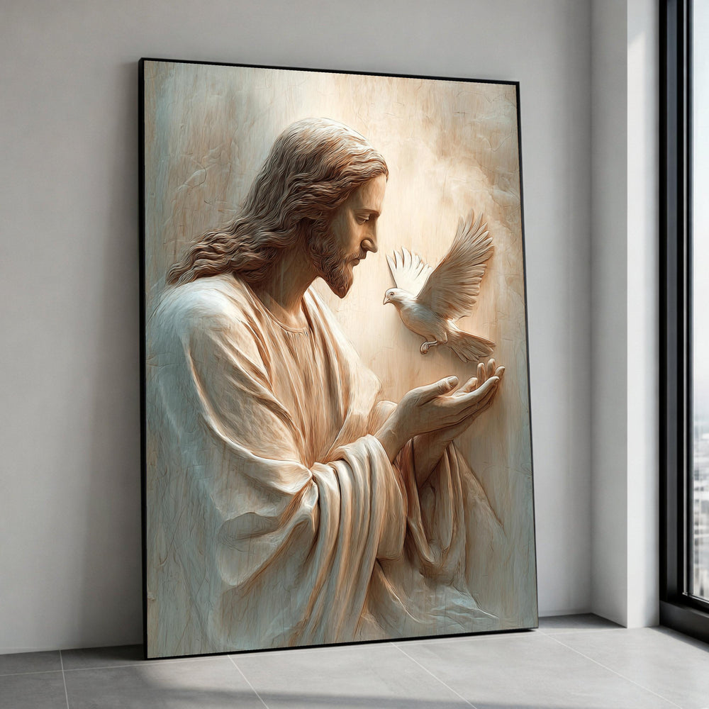 Jesus Holding Dove Canvas Wall Art, Spiritual Religious Decor, Christian Wall Hanging, Peace and Faith Painting, Canvas Print Art