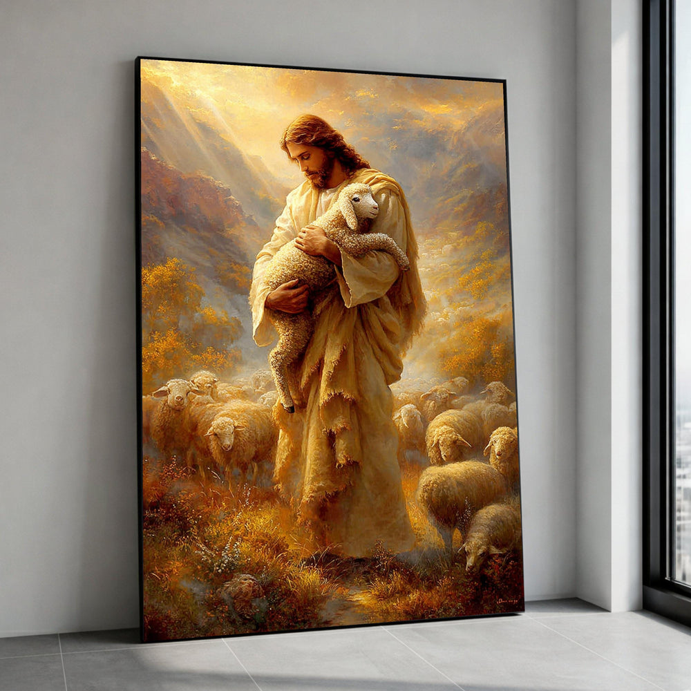 Gentle Shepherd Holding Lamb Canvas, Peaceful Pastoral Scene, Religious Wall Art, Spiritual Nature Canvas, Farm Animals Canvas Print Art