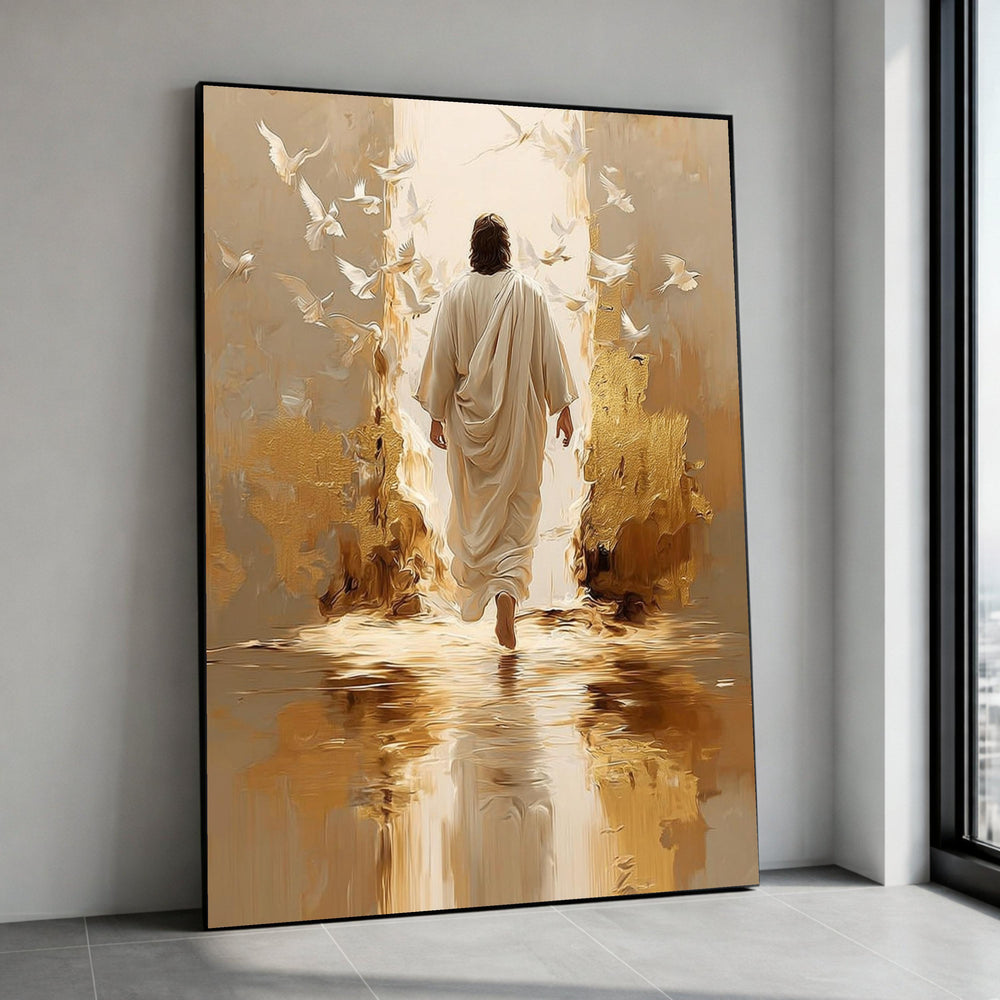 Spiritual Journey Canvas Wall Art, Walking Figure with White Doves, Inspirational Religious Canvas, Light and Reflection Canvas Print Art