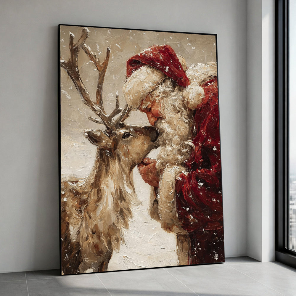 Santa Claus with Reindeer Canvas, Christmas Wall Art, Holiday Animal Scene, Festive Winter Decoration, Rustic Christmas Canvas Print Art