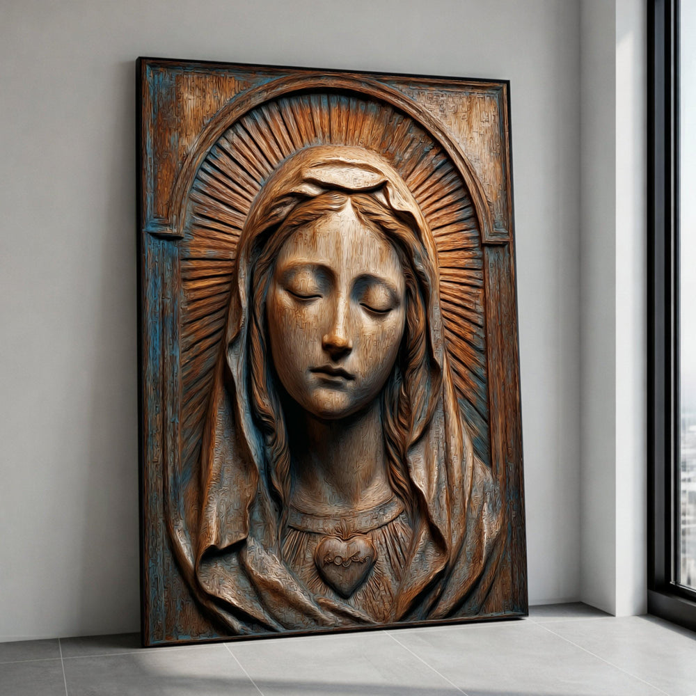 Sacred Heart Virgin Mary Canvas, Religious Wall Art, Spiritual Christian Decor, Wooden Carving Style Canvas, Home Sanctuary Canvas Print Art