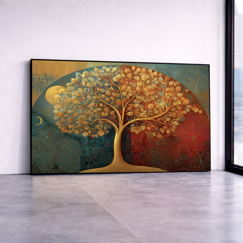 Golden Tree of Life Canvas, Day and Night Wall Art, Colorful Abstract Nature Canvas, Modern Home Decoration, Ready to Hang Canvas Print Art