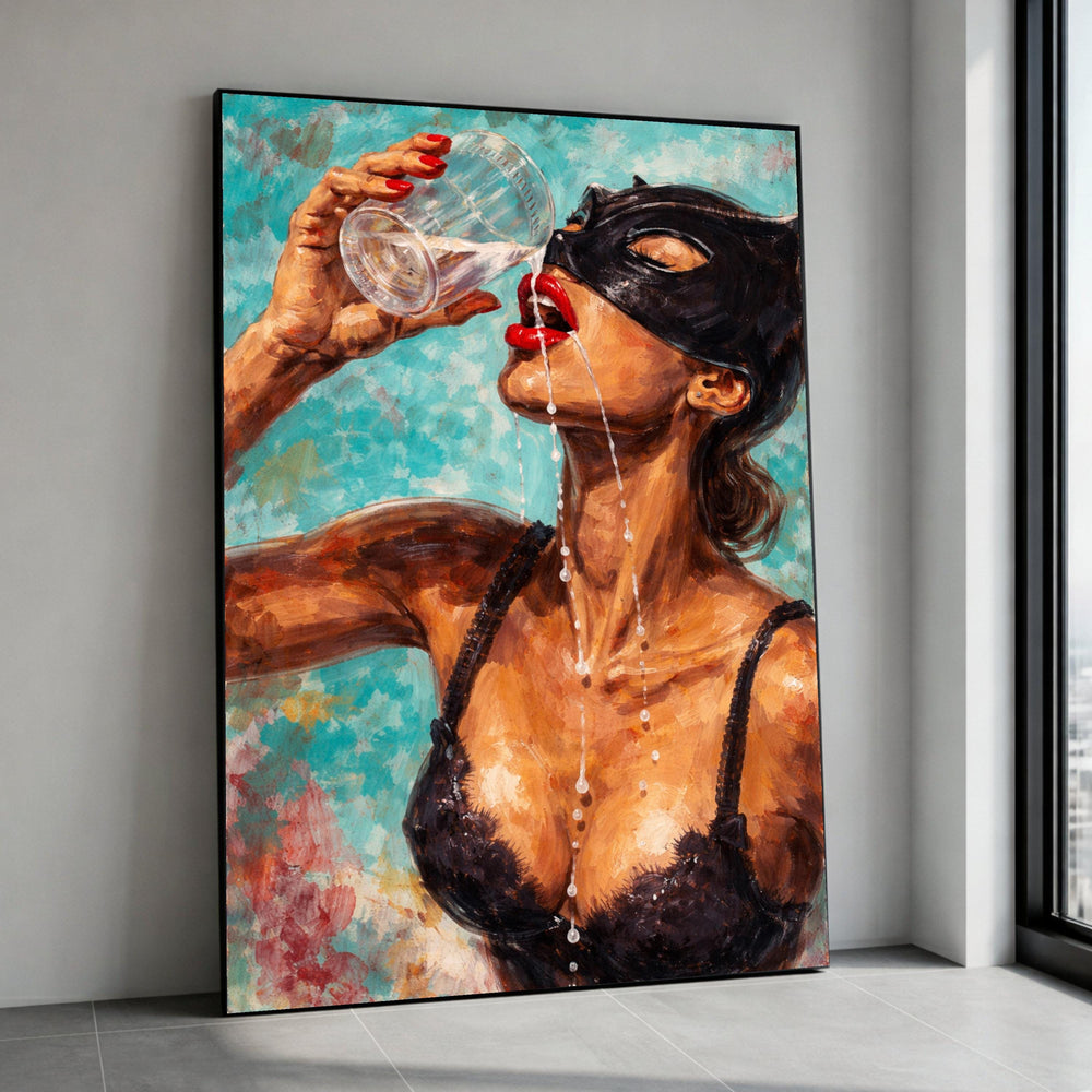 Bold Woman with Mask Drinking Water, Red Lips Canvas, Modern Figurative Art, Sensual Portrait Wall Art, Contemporary Canvas Canvas Print Art