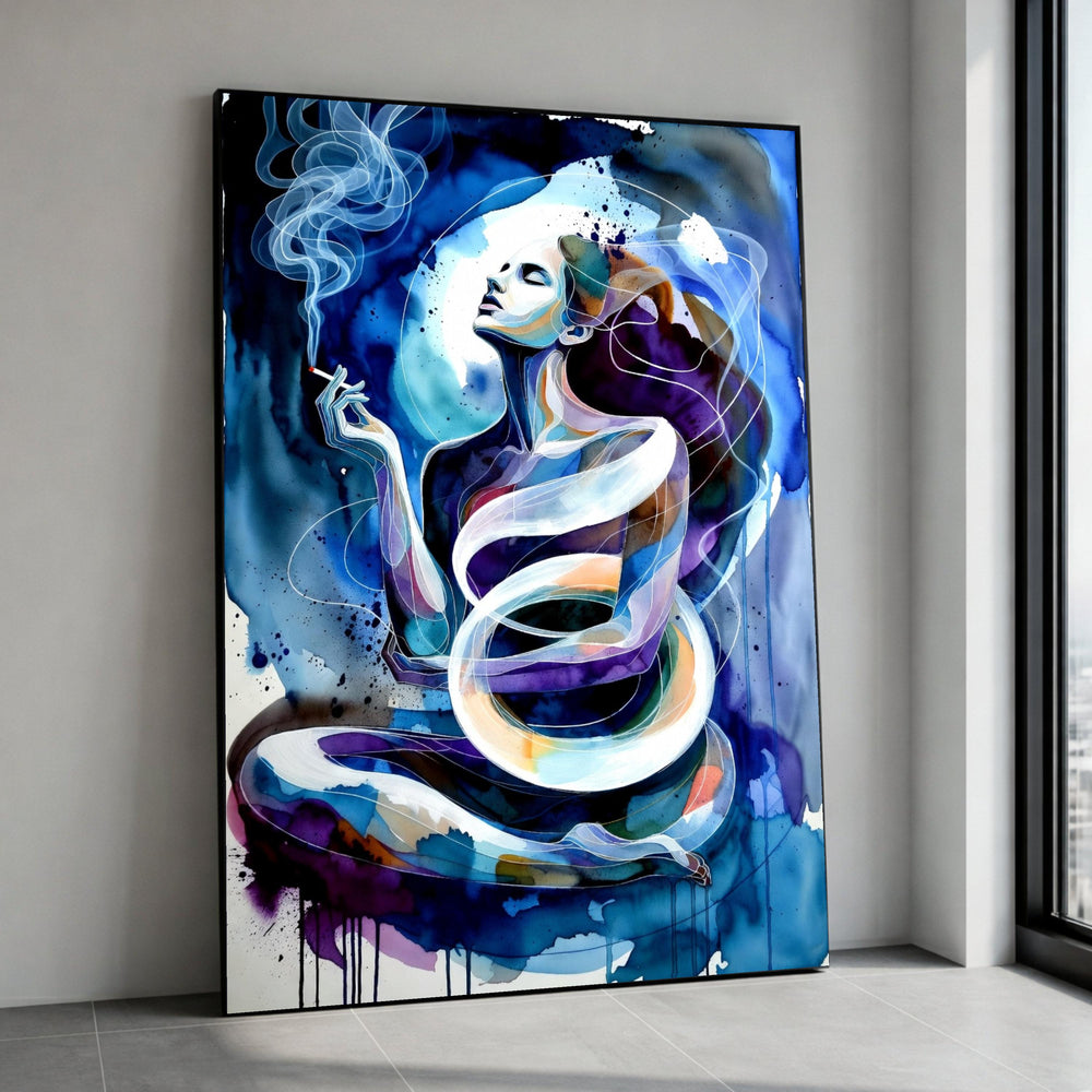 Abstract Woman Meditation Canvas, Surreal Female Art, Blue Aura Wall Art, Modern Figurative Canvas, Smoking Pose Home Decor Canvas Print Art