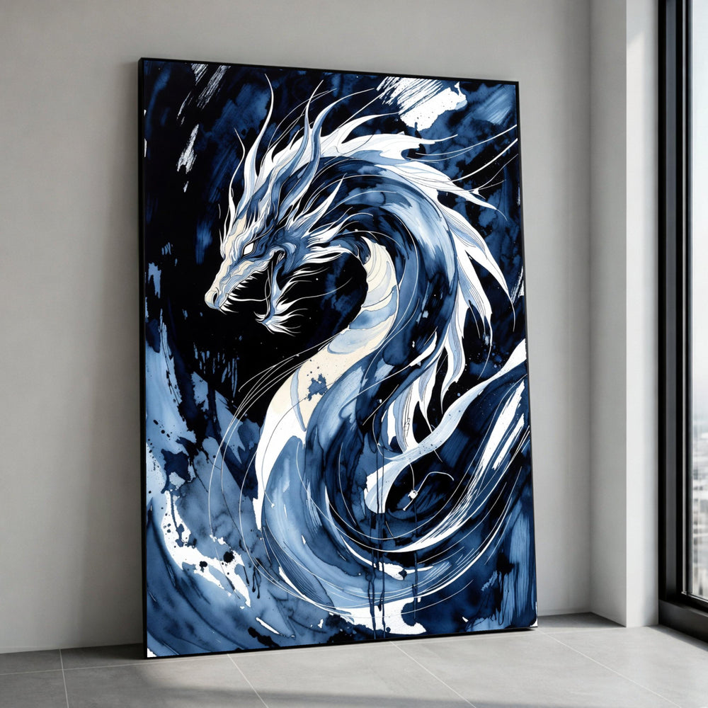 Majestic Blue Dragon Canvas, Abstract Mythical Creature Wall Art, Fantasy Illustration Canvas Decoration, Home Art Print Canvas Print Art