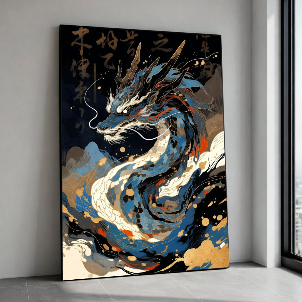 Majestic Blue Dragon Canvas, Japanese Style Wall Art, Oriental Mythical Creature Canvas, Asian Calligraphy Art Print, Home Canvas Print Art