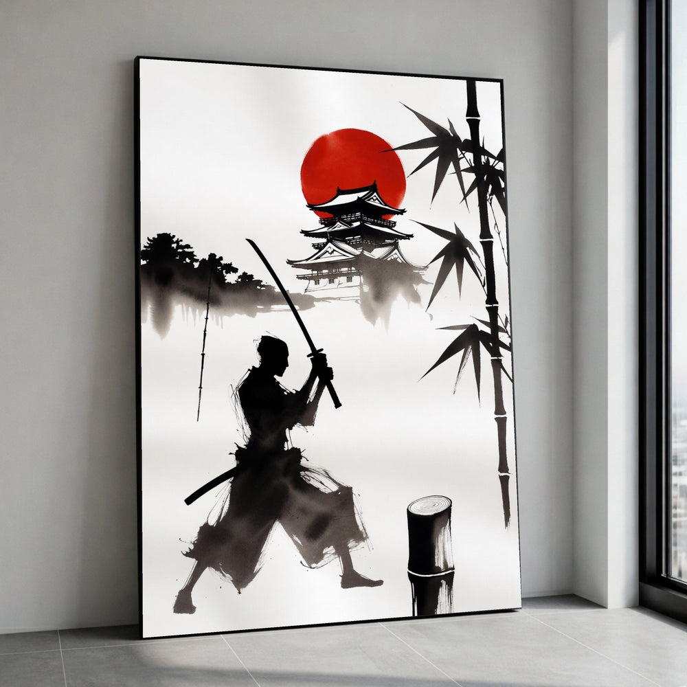 Samurai Silhouette with Red Sun Canvas, Japanese Castle Wall Art, Asian Bamboo Scene, Minimalist Martial Arts Decor, Ready Canvas Print Art