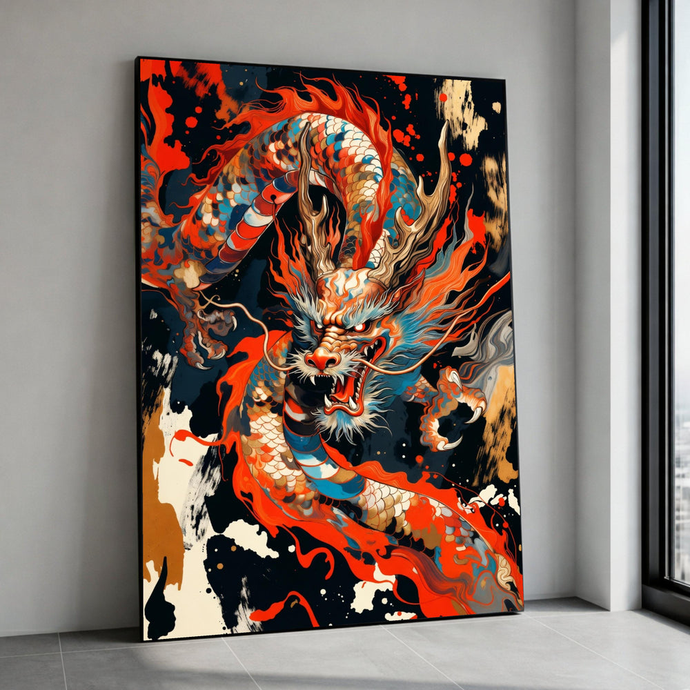 Fierce Eastern Dragon Canvas Wall Art, Vibrant Mythical Creature Print, Asian Fantasy Illustration, Bold Colorful Home Canvas Print Art