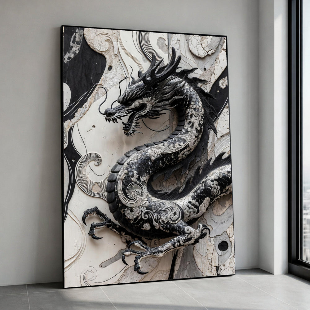 Majestic Black Dragon Canvas Wall Art, Asian Mythical Creature Design, Intricate Dragon Illustration, Oriental Home Decor Canvas Print Art