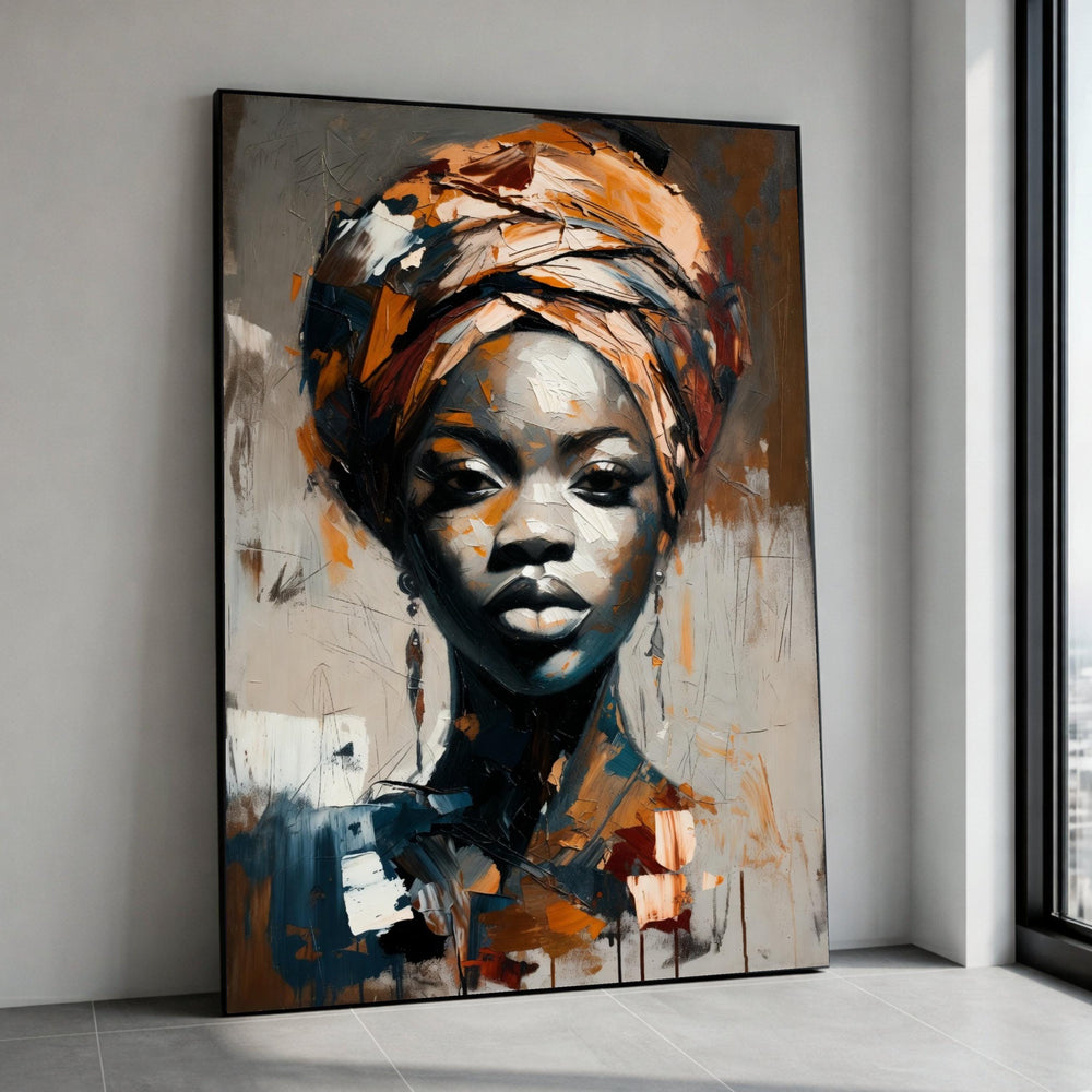 Elegant African Woman Portrait Canvas, Abstract Face Painting, Ethnic Headwrap Wall Art, Modern Home Decoration, Ready to Canvas Print Art