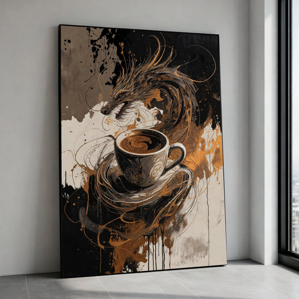 Dragon Coffee Swirl Canvas, Abstract Beverage Art, Fantasy Wall Décor, Brown Black Coffee Cup, Coffee Lover Gift, Ready to Canvas Print Art