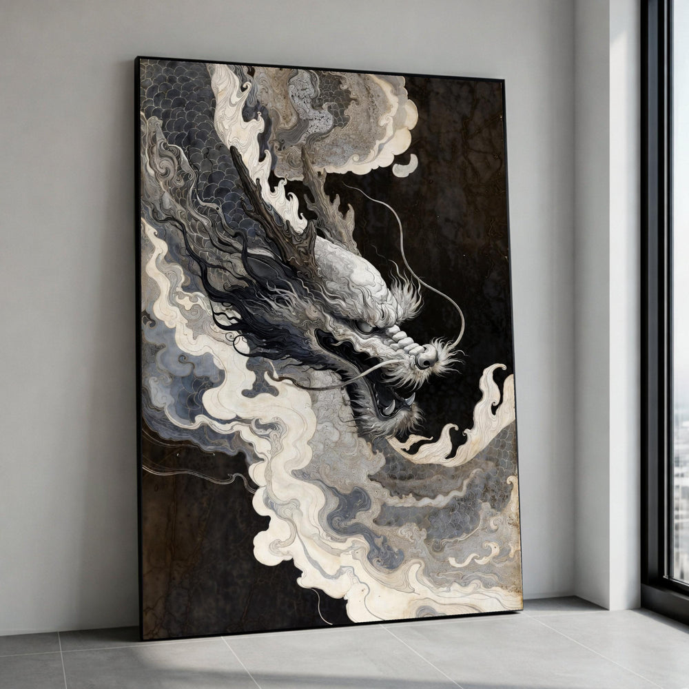 Majestic Asian Dragon Canvas, Black and White Mythical Creature Art, Traditional Oriental Wall Decor, Fantasy Dragon Canvas Print Art