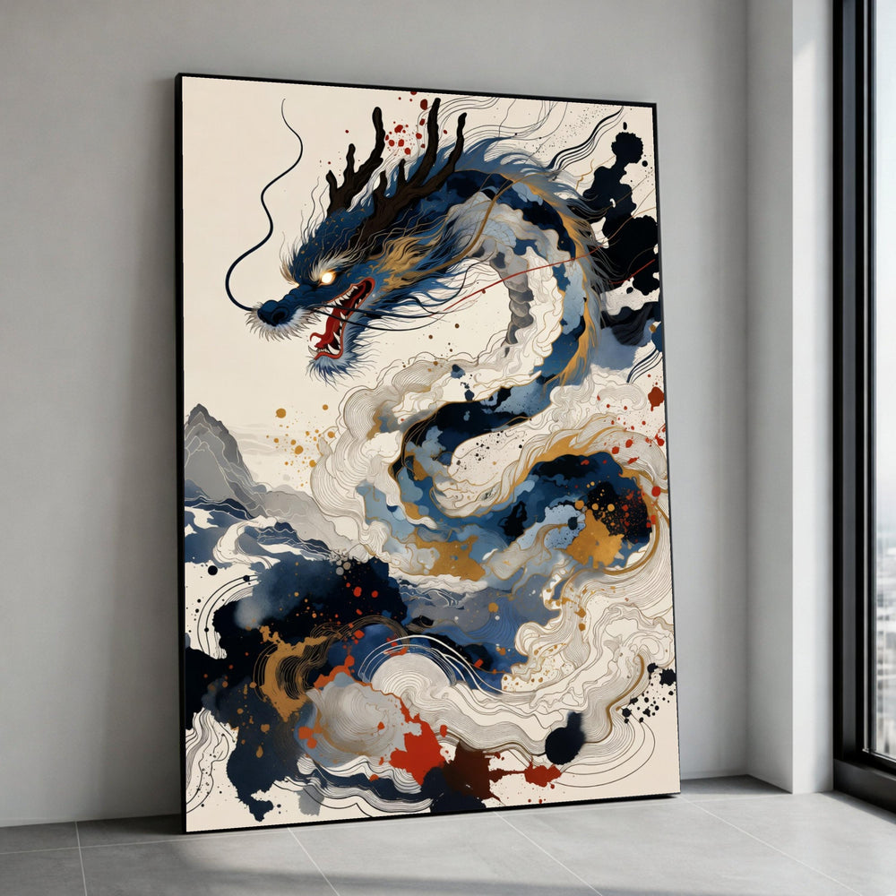Majestic Blue Dragon Canvas Art, Asian Mythology Wall Decor, Dynamic Fantasy Creature Painting, Home Accent Canvas, Ready Canvas Print Art