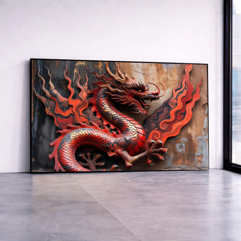 Fierce Red Dragon Wall Art, Asian Mythical Creature Canvas, Oriental Style Home Decor, Unique Fantasy Canvas, Detailed Canvas Print Art