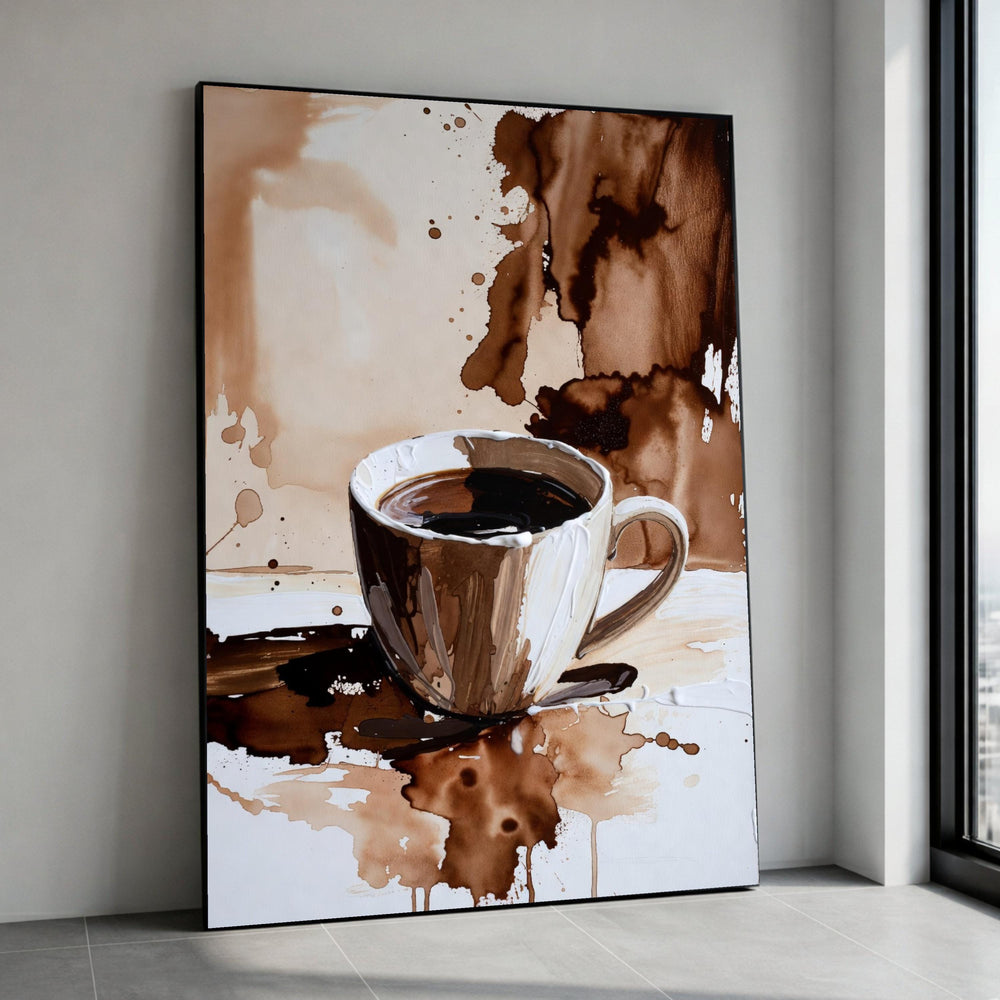 Coffee Cup Canvas Wall Art, Brown Abstract Coffee Painting, Cozy Kitchen Decor, Warm Beverage Canvas, Modern Coffee Artwork Canvas Print Art