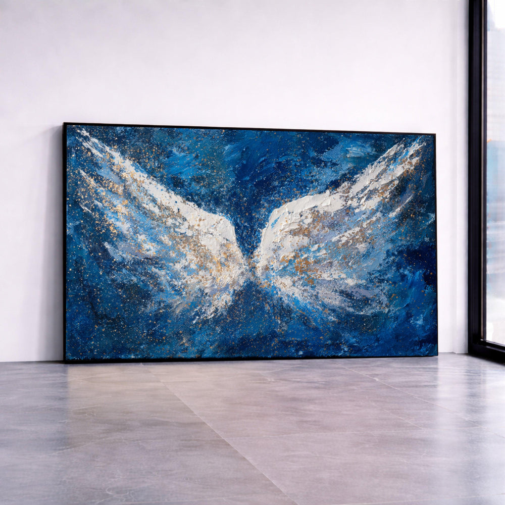 Angel Wings Canvas Wall Art, Spiritual Blue Abstract Painting, Inspirational Home Decor, Celestial Wall Hanging, Ready to Canvas Print Art