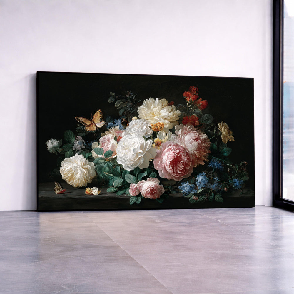 Classic Floral Bouquet Canvas Wall Art, Peonies and Roses Painting, Butterfly Garden Decoration, Elegant Vintage Flower Canvas Print Art