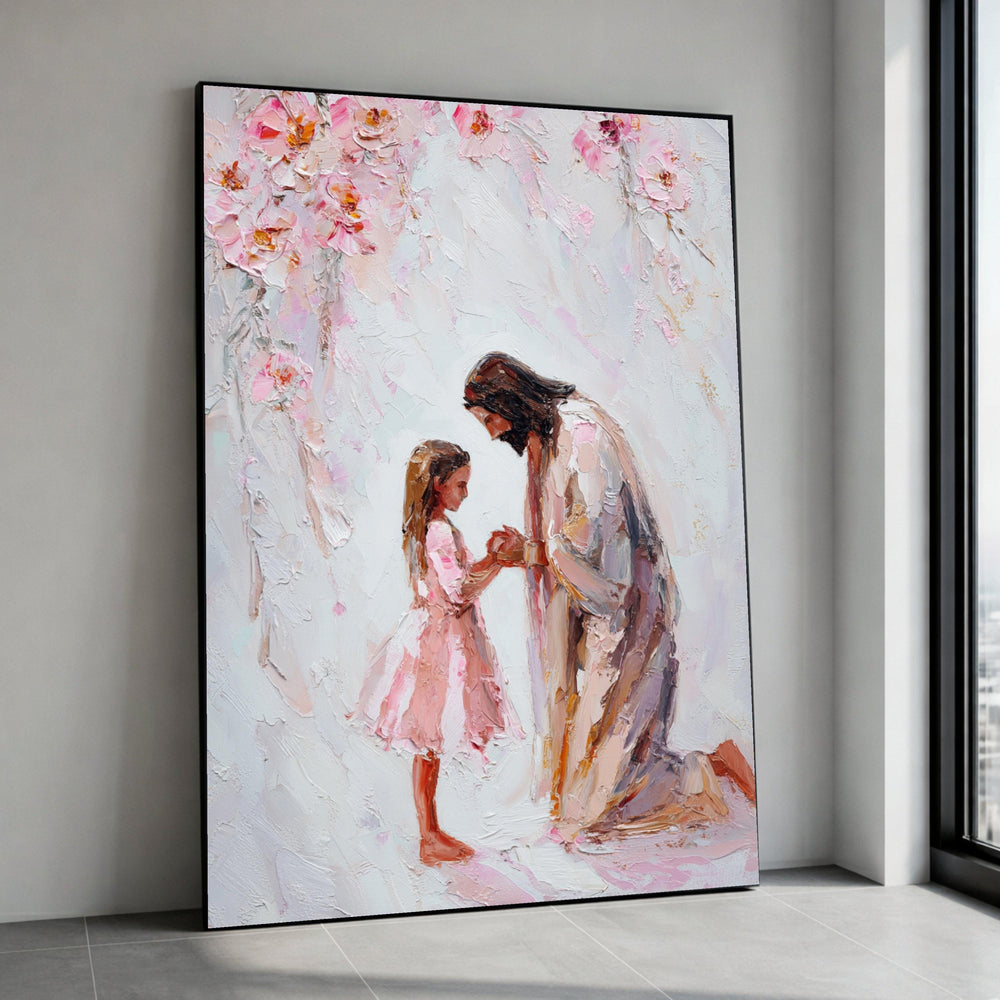 Tender Moment Between Father and Daughter, Spiritual Canvas Art, Heartwarming Family Scene, Pastel Floral Wall Decor, Ready Canvas Print Art