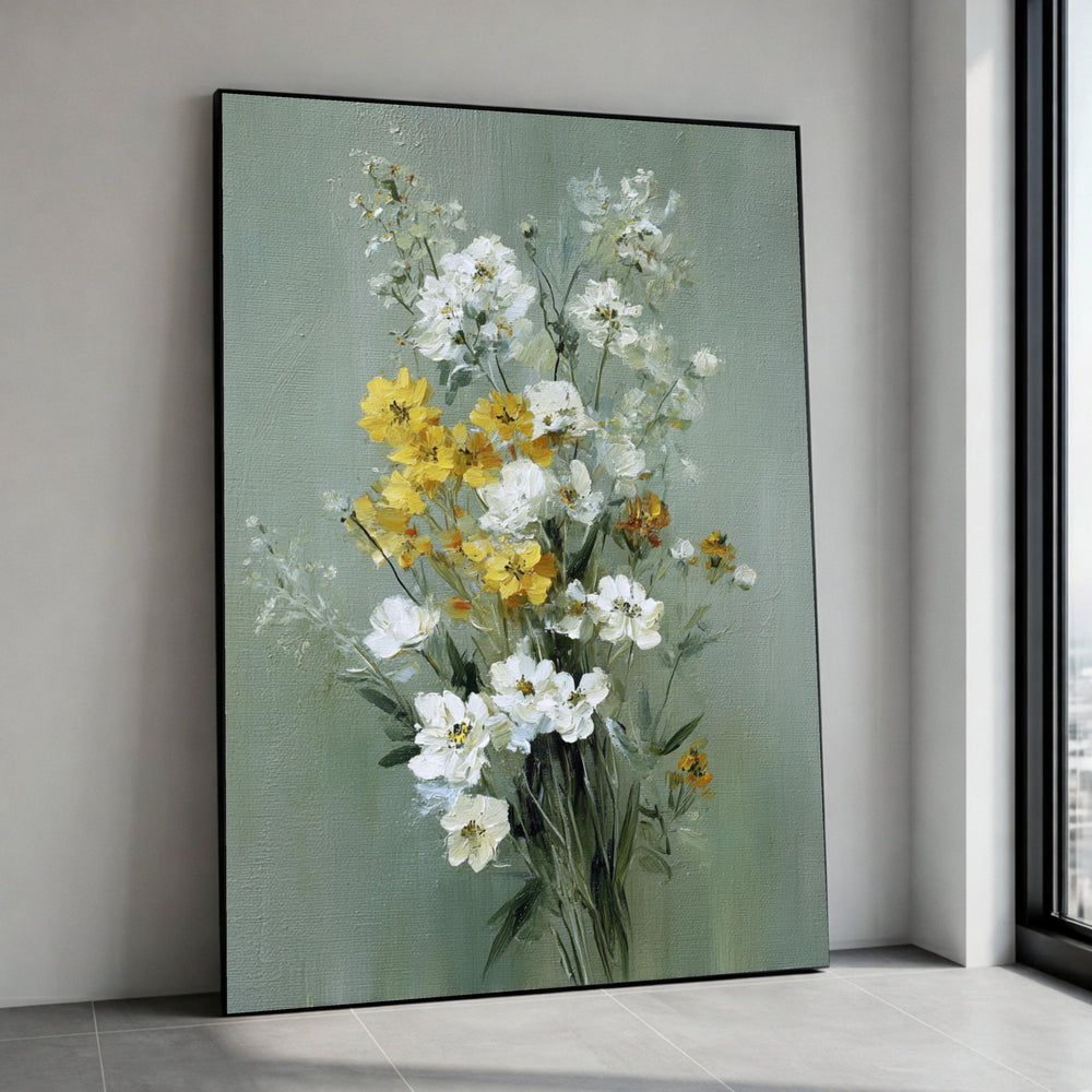 Elegant White and Yellow Floral Bouquet Canvas, Spring Flowers Wall Art, Botanical Canvas Print, Home Decor Flower Canvas Print Art