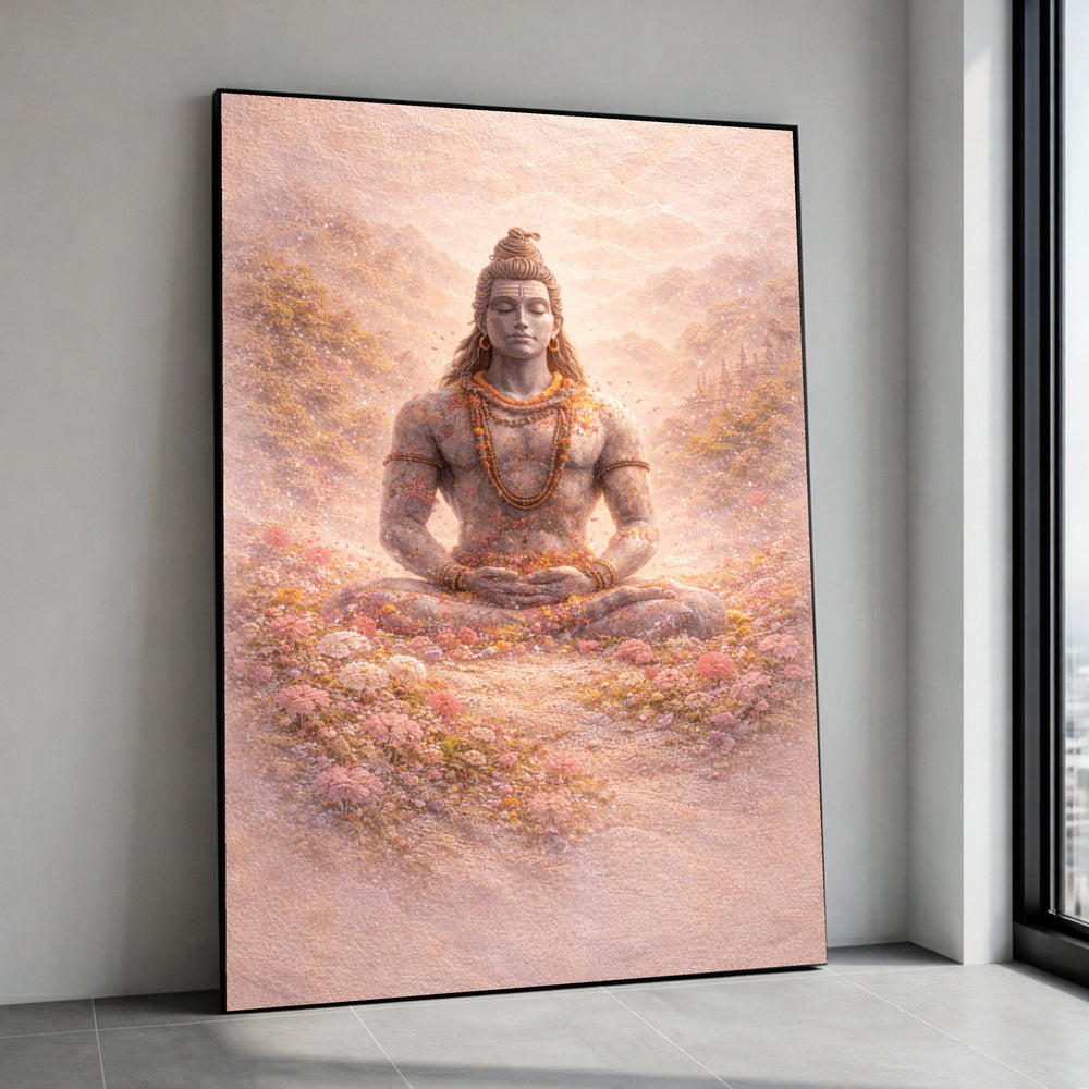 Meditative Shiva Statue Canvas Wall Art, Spiritual Hindu Deity Decor, Tranquil Nature Scene Canvas, Zen Garden Floral Canvas Print Art