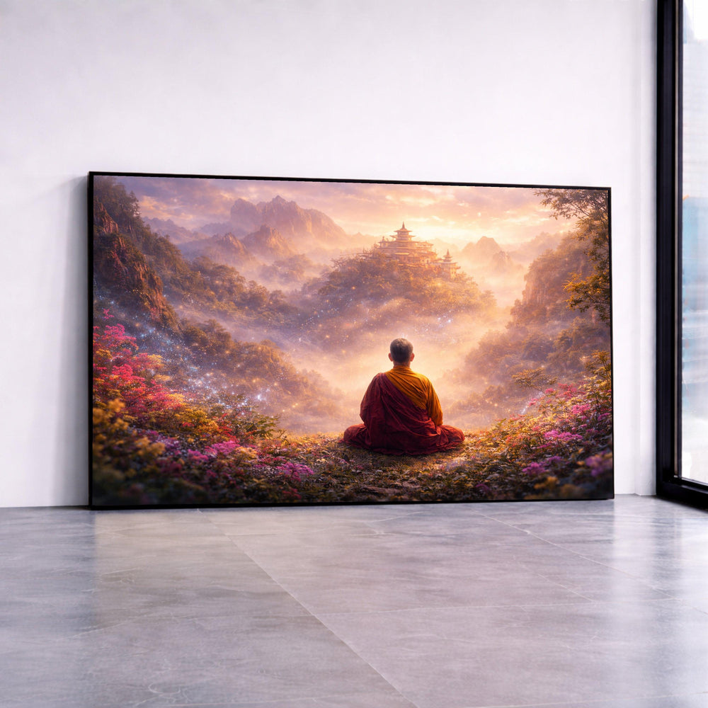 Meditative Monk Mystical Mountain Landscape, Zen Spiritual Canvas, Tranquil Nature Wall Art, Asian Temple View Decoration Canvas Print Art