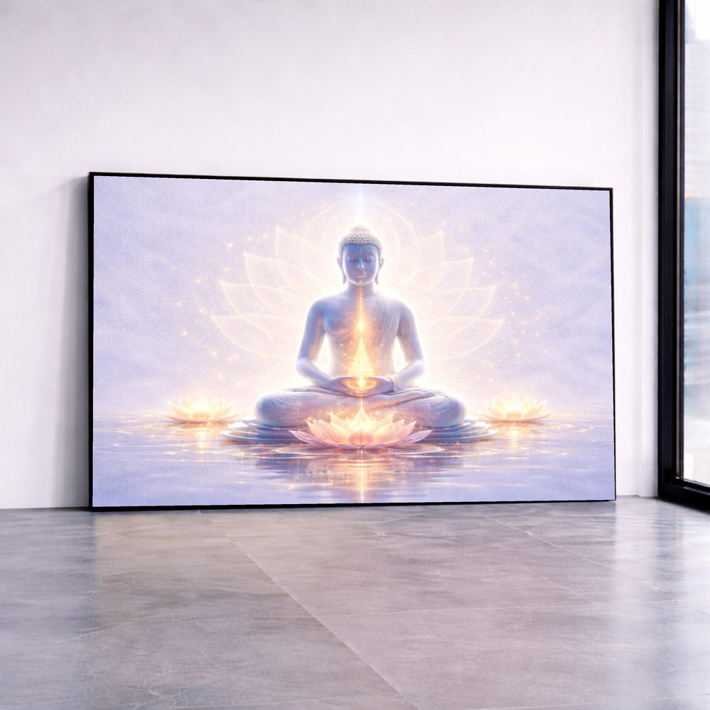 Radiant Buddha Meditation Canvas, Spiritual Enlightenment Wall Art, Lotus Flower Glow, Zen Home Décor, Peaceful Serenity Canvas Print Art