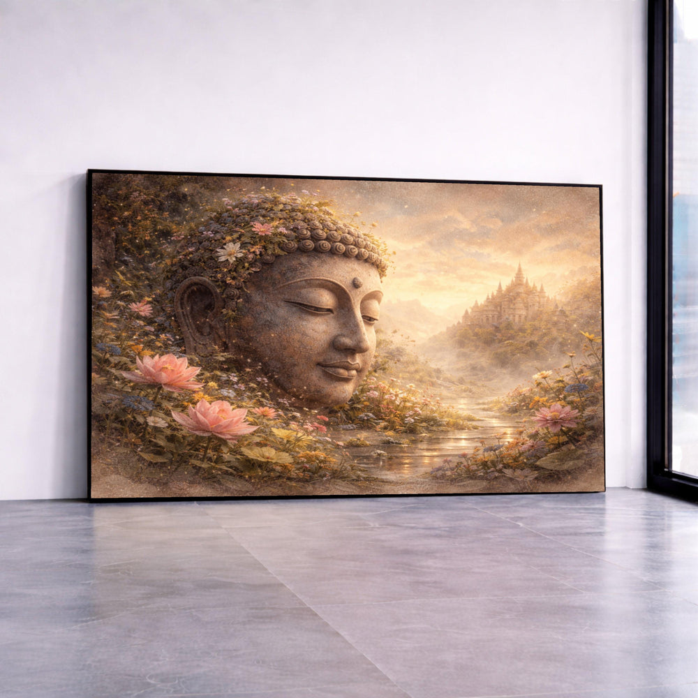 Serene Buddha Head Canvas, Floral Garden Scene, Tranquil River View, Spiritual Wall Art, Asian Temple Landscape Canvas, Canvas Print Art